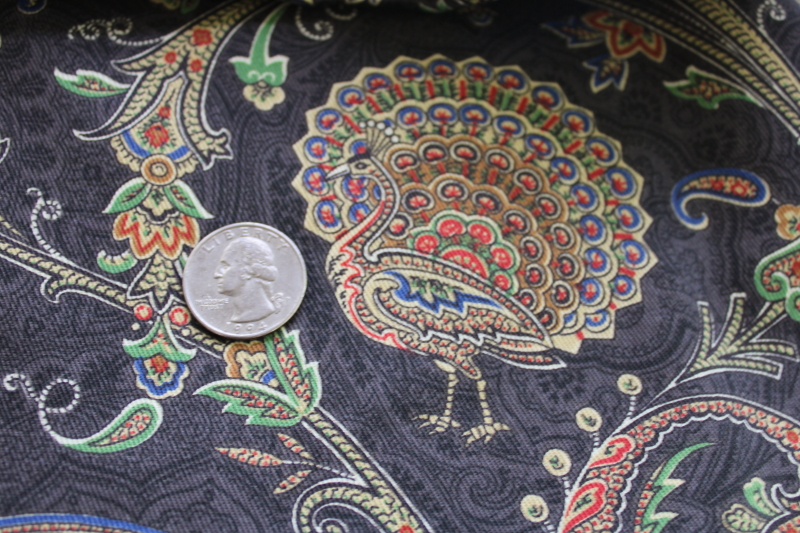 cotton decorator fabric vintage boho style, Indian paisley print animals on black
