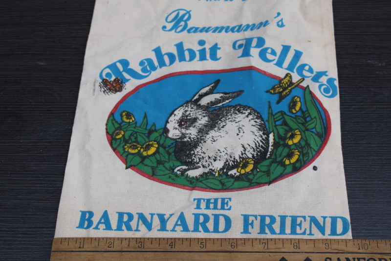 cotton feedsack Rabbit Pellets farm feed, colorful print graphics w/ bunny