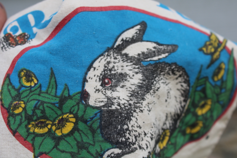 cotton feedsack Rabbit Pellets farm feed, colorful print graphics w/ bunny