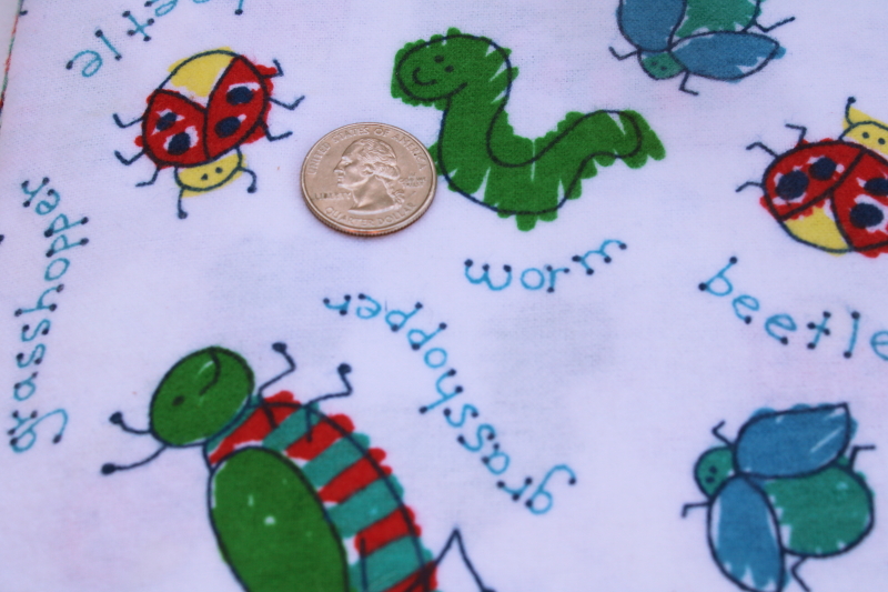 cotton flannel fabric w/ whimsical bugs print, child like drawings of worms, grasshoppers, beetles