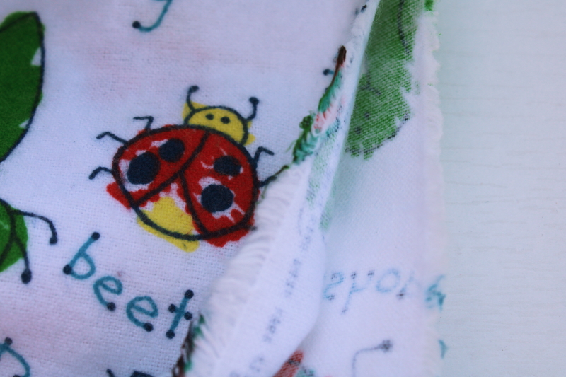 cotton flannel fabric w/ whimsical bugs print, child like drawings of worms, grasshoppers, beetles