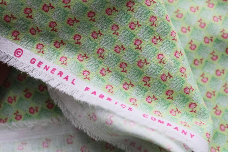cotton quilting fabric, tiny pink flowers print on jade green checks