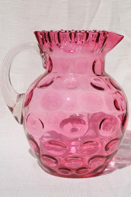 cranberry glass thumbprint pattern vintage lemonade pitcher & tumblers