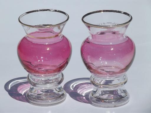 cranberry stain glass w/ gold, vintage violet vases, small vase pair