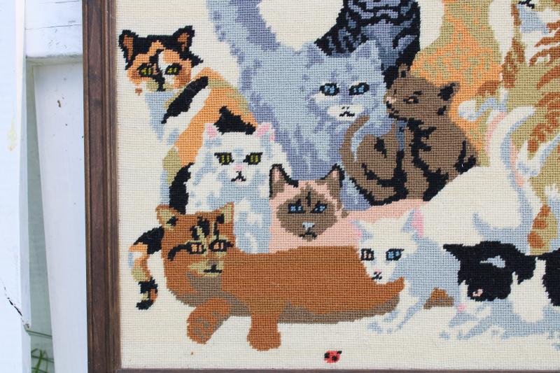 crazy cats needlepoint picture, vintage framed needlework, cat lady wall art