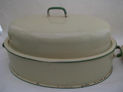 cream / jadite green vintage enamelware turkey roaster, pan & bowl