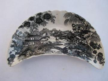 crescent side dish or salad plate, vintage Clarice Cliff black transferware china Tonquin