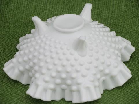crimped ruffle footed hobnail milk glass flower bowl, vintage Fenton