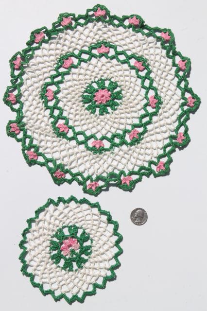 crochet flower doily lot, vintage lace doilies pretty colored thread flowers 