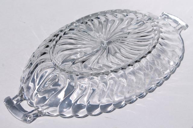 crystal clear Fostoria Colony vintage glass relish tray, three part divided dish