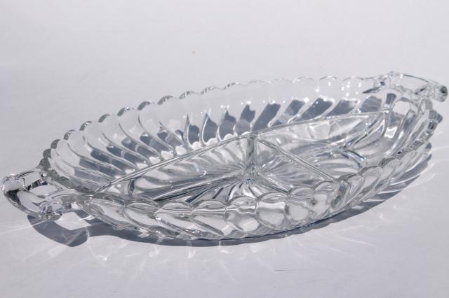 crystal clear Fostoria Colony vintage glass relish tray, three part divided dish