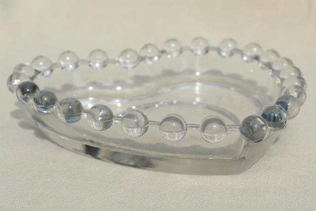 crystal clear candlewick glass, vintage heart shaped dish w/ beaded edge