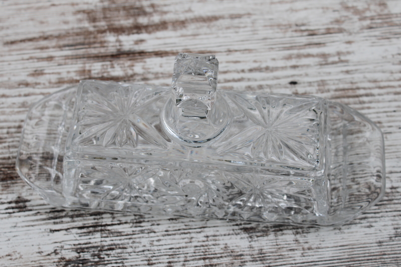 crystal clear glass covered butter dish, plate w/ cover pinwheel pattern glass