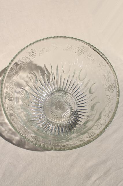 crystal clear pressed glass harvest grapes pattern punch bowl & cups set, vintage wedding glassware