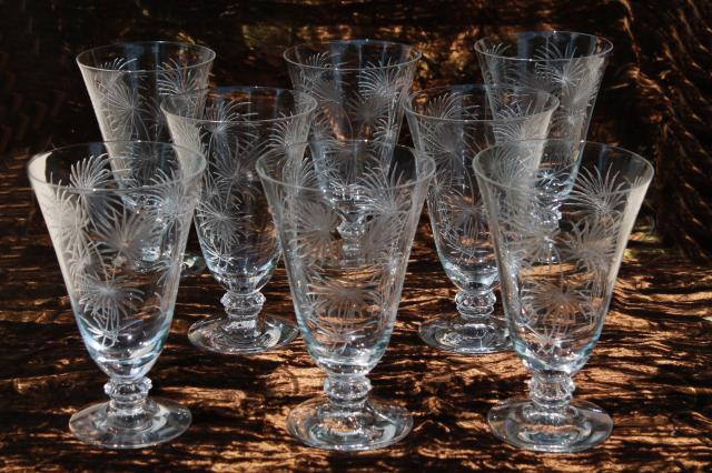 crystal clear vintage Fostoria etched glass Lido footed tumblers, 8 iced tea glasses