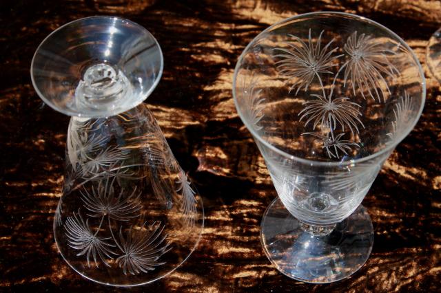 crystal clear vintage Fostoria etched glass Lido footed tumblers, 8 iced tea glasses