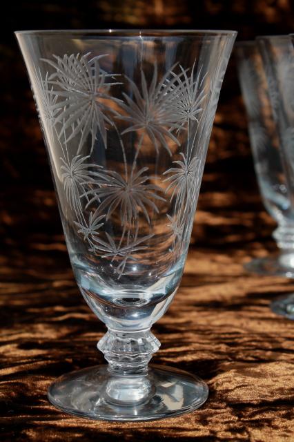 crystal clear vintage Fostoria etched glass Lido footed tumblers, 8 juice glasses