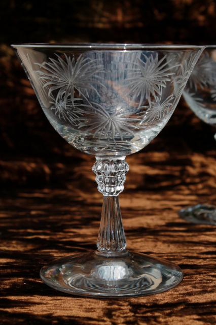 crystal clear vintage Fostoria etched glass Lido pattern sherbet / champagne glasses