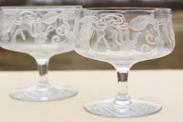 crystal clear vintage fuchsia floral etched glass champagne glasses, low coupe champagnes