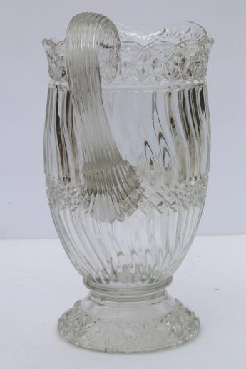 crystal clear vintage pressed pattern glass pitcher, L G Wright Jersey swirl glass