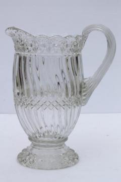 crystal clear vintage pressed pattern glass pitcher, L G Wright Jersey swirl glass