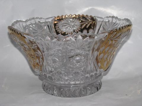 crystal glass fruit bowl w/ gold, strawberry flower & currant or gooseberry