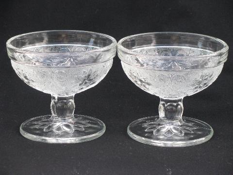 cups & saucers, sherbets - vintage sandwich pressed glass, old Indiana daisy pattern