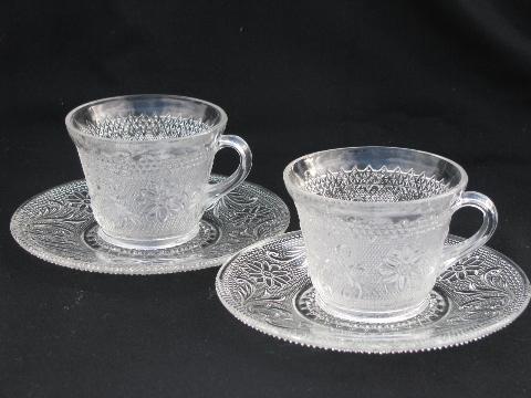 cups & saucers, sherbets - vintage sandwich pressed glass, old Indiana daisy pattern