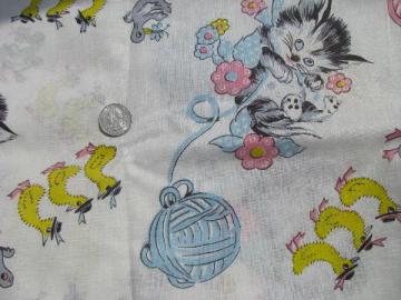 cute baby kittens & ducks print cotton fabric, 1950s vintage