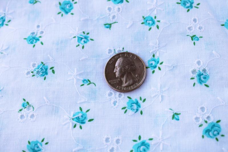 cute retro vintage fabric, girly blue & white floral on embroidered cotton eyelet