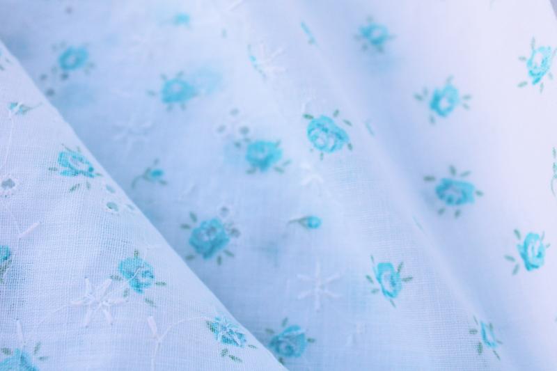 cute retro vintage fabric, girly blue & white floral on embroidered cotton eyelet