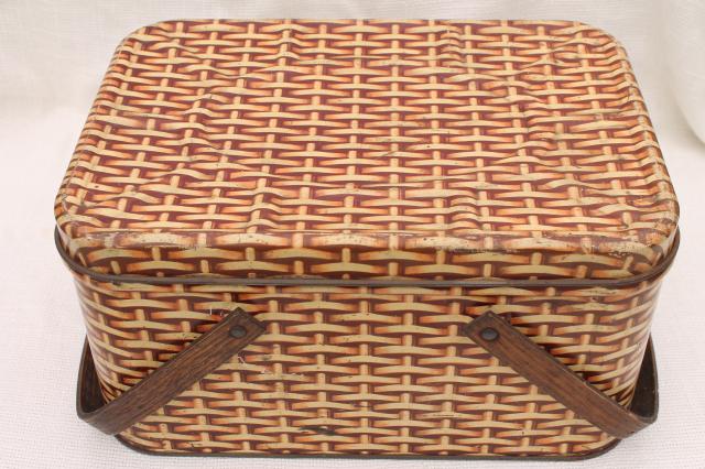 cute vintage tin picnic hamper w/ wood handles, wicker basket weave print litho