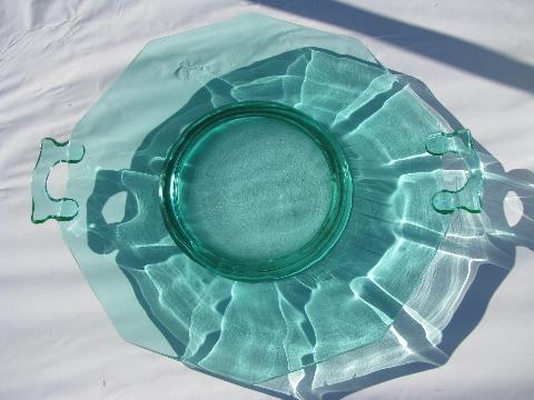 decagon pattern vintage depression green glass cake plate w/ handles