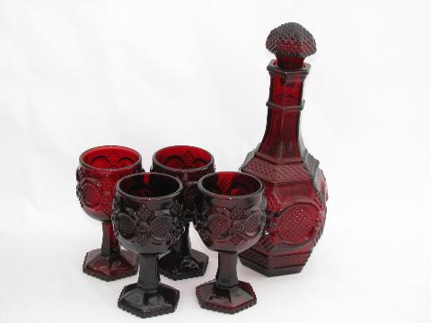 decanter / sherry glasses set, vintage Avon Cape Cod ruby red glass