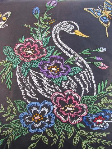 deco boudoir pillow, swan embroidery on black satin