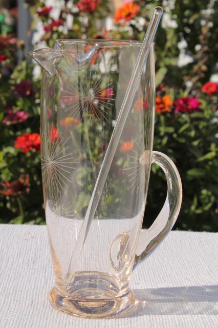 deco mod vintage glass cocktail pitcher w/ atomic starburst etched design