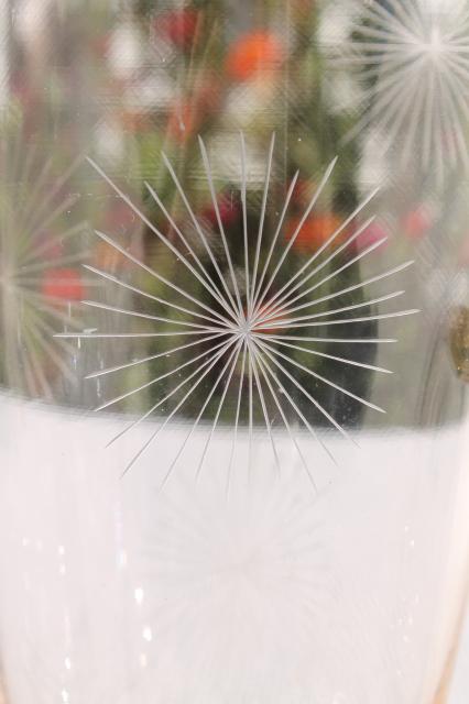 deco mod vintage glass cocktail pitcher w/ atomic starburst etched design