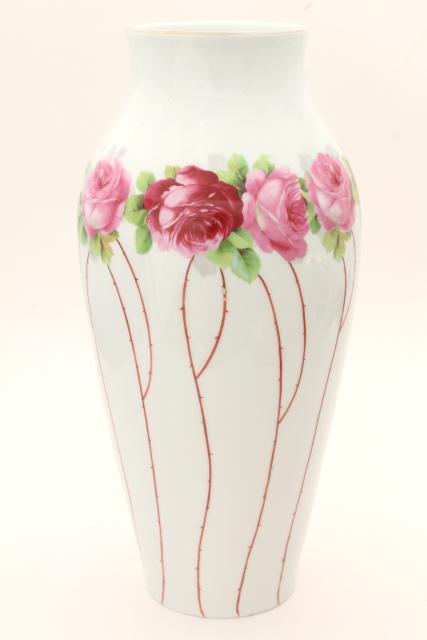 deco moderne vintage table lamp base, tall china vase w/ rose canes & roses