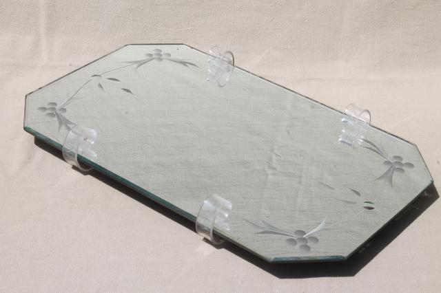 deco vintage beveled glass mirror tray plateau w/ curlicue lucite stand feet
