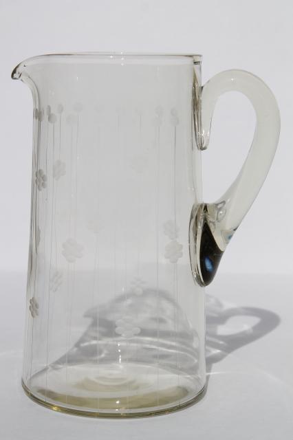 deco vintage etched glass cocktail pitcher or lemonade pitcher, lines & flowers etch