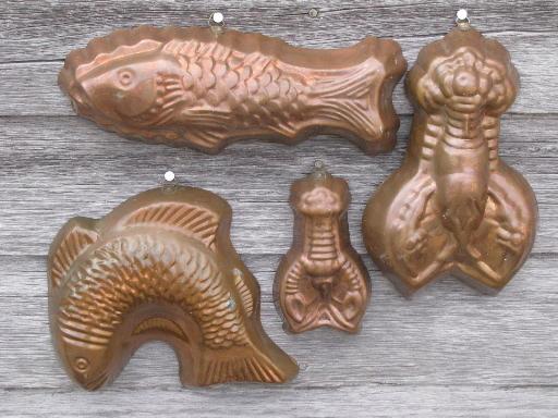 decorative copper fish and lobster molds for aspic, molded jello salads