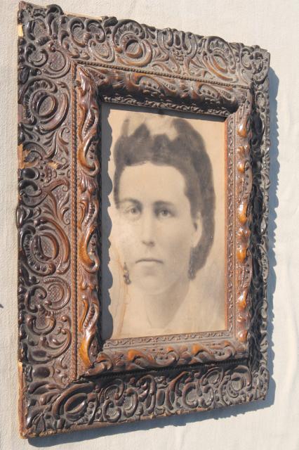 deep picture frame w/ lovely antique gesso decoration, vintage photo portrait