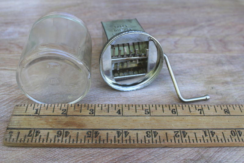 depression era vintage hand crank metal nut meat grinder w/ Hazel Atlas glass jar