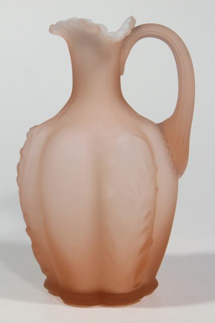 depression pink frosted satin mist glass cruet pitcher, overlay cased glass white & pink