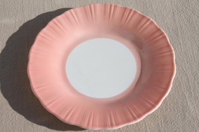 depression vintage Cremax milk glass cake plates dessert set, pink crinoline ruffle glass