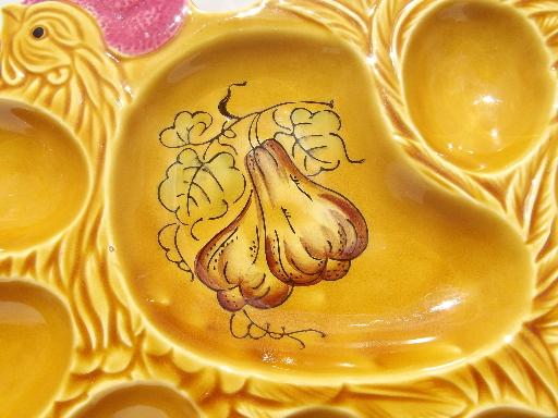 deviled egg plate, hand painted ceramic hen or rooster tray, vintage Japan