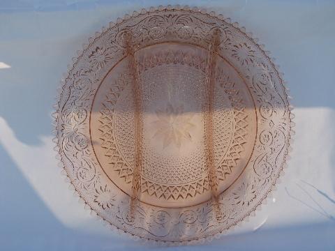 divided relish tray serving plate, vintage Tiara daisy pattern sandwich glass, pink!