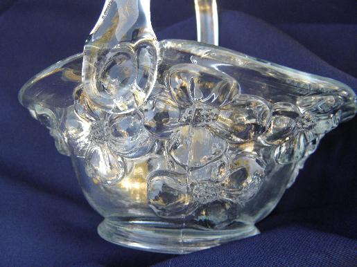 dogwood floral pressed pattern flower basket, vintage Indiana glass