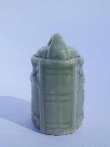 doll dishes size china Tea canister, vintage Japan, 1950s jade green