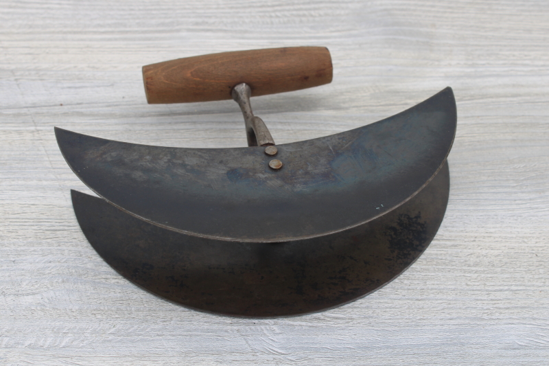 double blade rocking chopper, crescent shape chopping knife w/ old wood handle, primitive antique kitchen tool